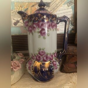 Pink Roses painted Vintage Porcelain chocolate pot pitcher vase w/ Gold Accents